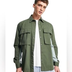 Topman Men’s Twill Colorblock Snap Front Forest Green Blue Pocketed Top Sz L-XL